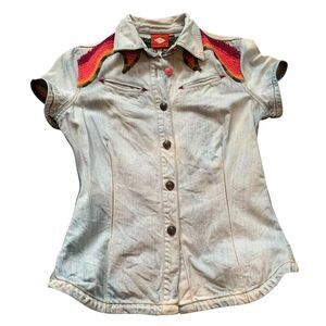 OILILY Summer Festival Balloon EMBROIDERED DENIM VEST SHIRT sz 36 S RARE